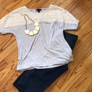 J.Crew gray top with ivory lace yolk- small